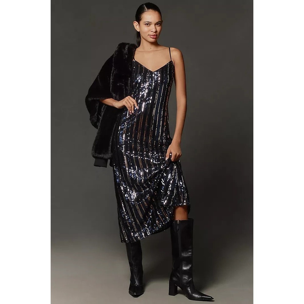 Anthropologie Maeve Sequin Slip Dress NWT Navy Silver Midi Sz L‎ Petite Cocktail